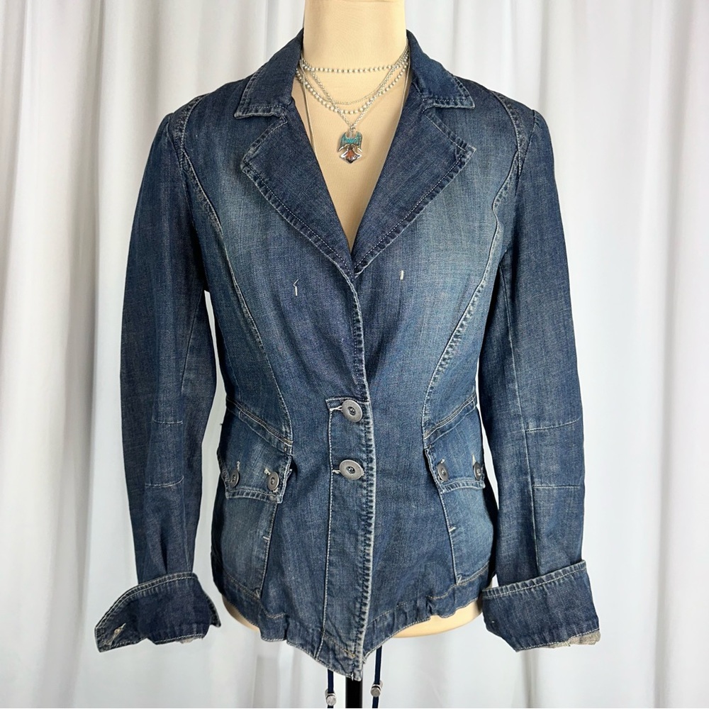 Max Mara Sportmax‎ Code Denim Jacket US Sz 10 2 Button Zip Accents Jean Designer
